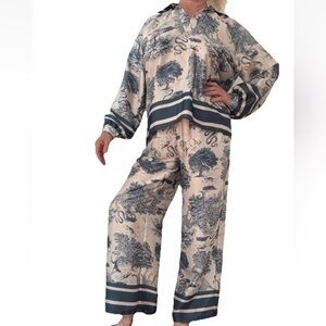 Tahari 2Pc Safari Toile Set S Petite Blue Beige Wide Leg Resort Chic